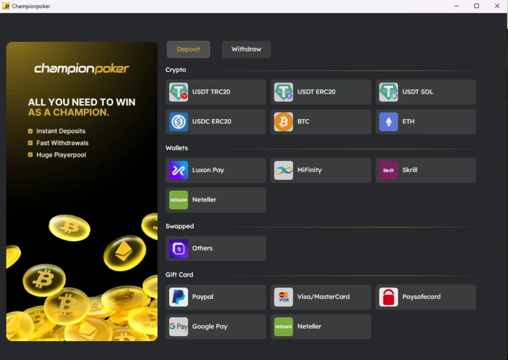 ChampionPoker deposit and withdrawal methods including crypto, Skrill and Neteller