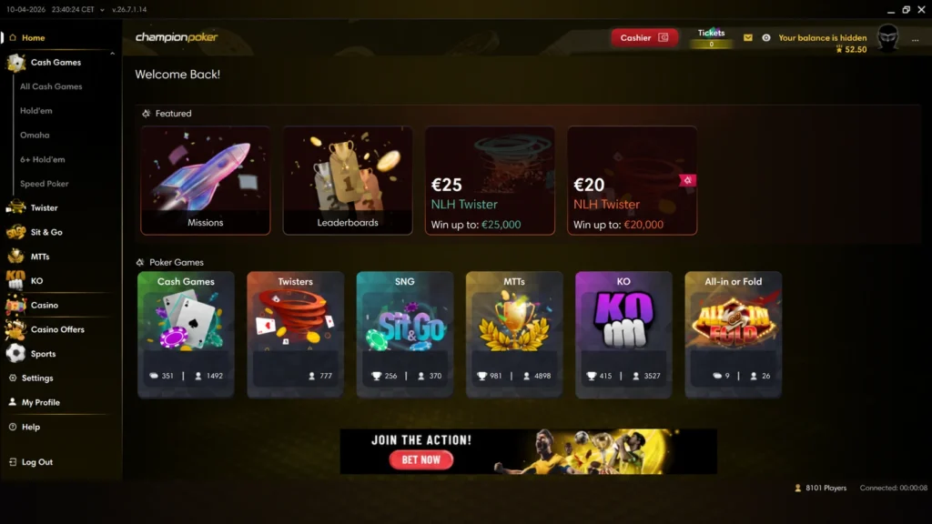 ChampionPoker review showing iPoker network games, lobby and player traffic