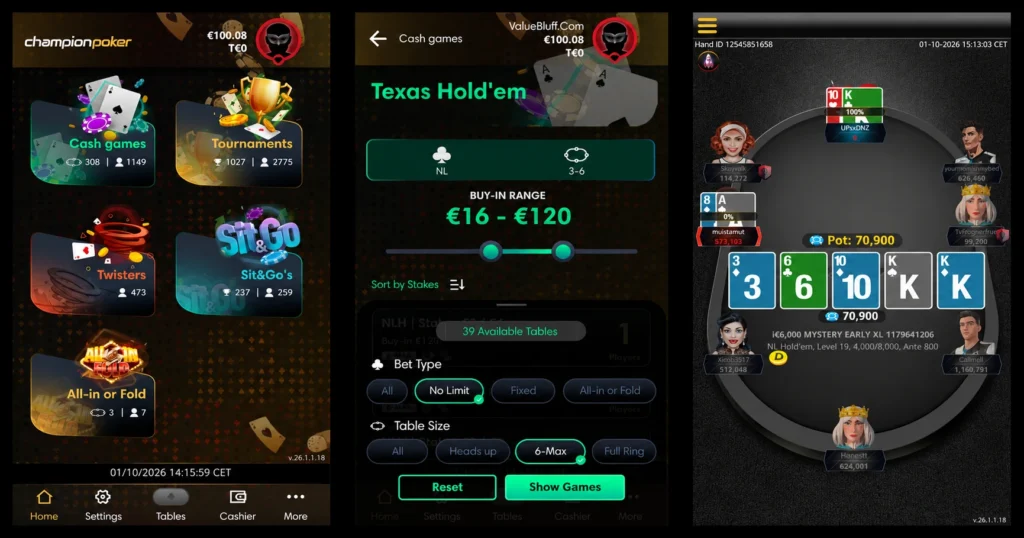 ChampionPoker mobile app showing the lobby, cash game filters and poker table