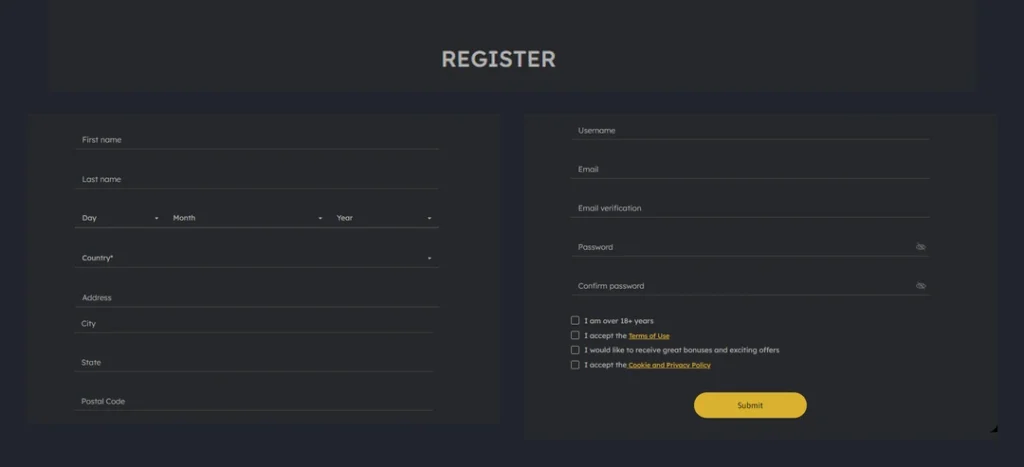ChampionPoker registration form with account and personal details