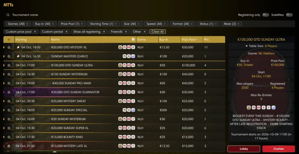 ChampionPoker Sunday tournaments with €100,000 guaranteed Sunday Ultra