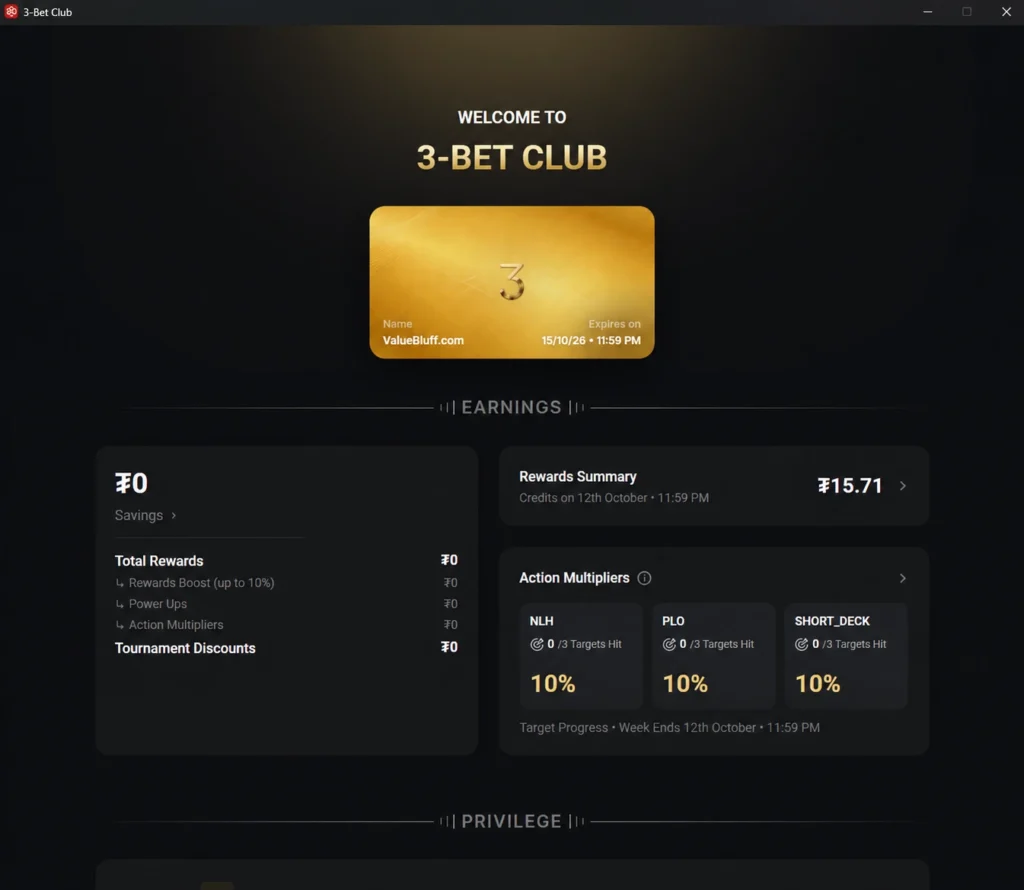 CoinPoker 3-Bet Club rakeback dashboard