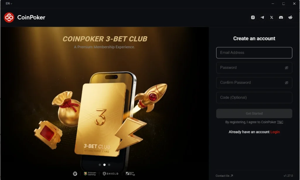 CoinPoker account creation screen with email, password and optional code fields