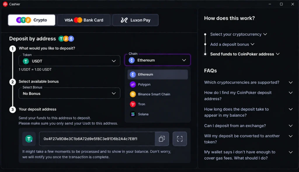 CoinPoker cashier showing crypto deposit methods and supported blockchain networks