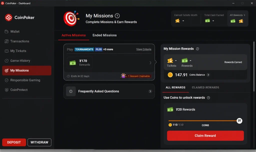 CoinPoker Missions and rewards dashboard