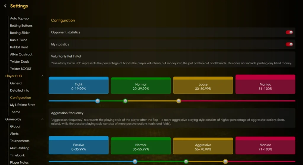 ChampionPoker built-in HUD settings with customizable VPIP and aggression ranges
