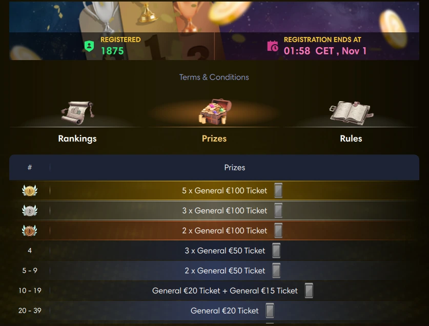 ChampionPoker MTT Marathon prize structure with tournament ticket rewards