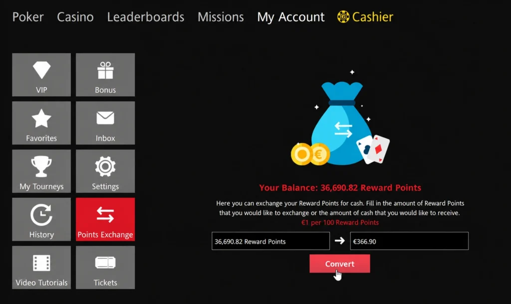 ChampionPoker Reward Points exchange showing points converted to cash